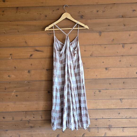 Gap Linen Blend Button Front Cami Maxi Dress Beige Gingham Tank Button Front L - Picture 3 of 6